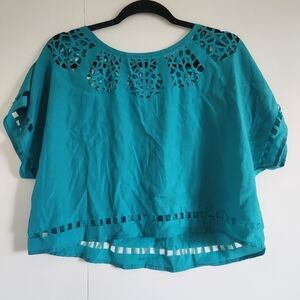 Lush Teal Cutout Blouse Size S Boho Casual Top